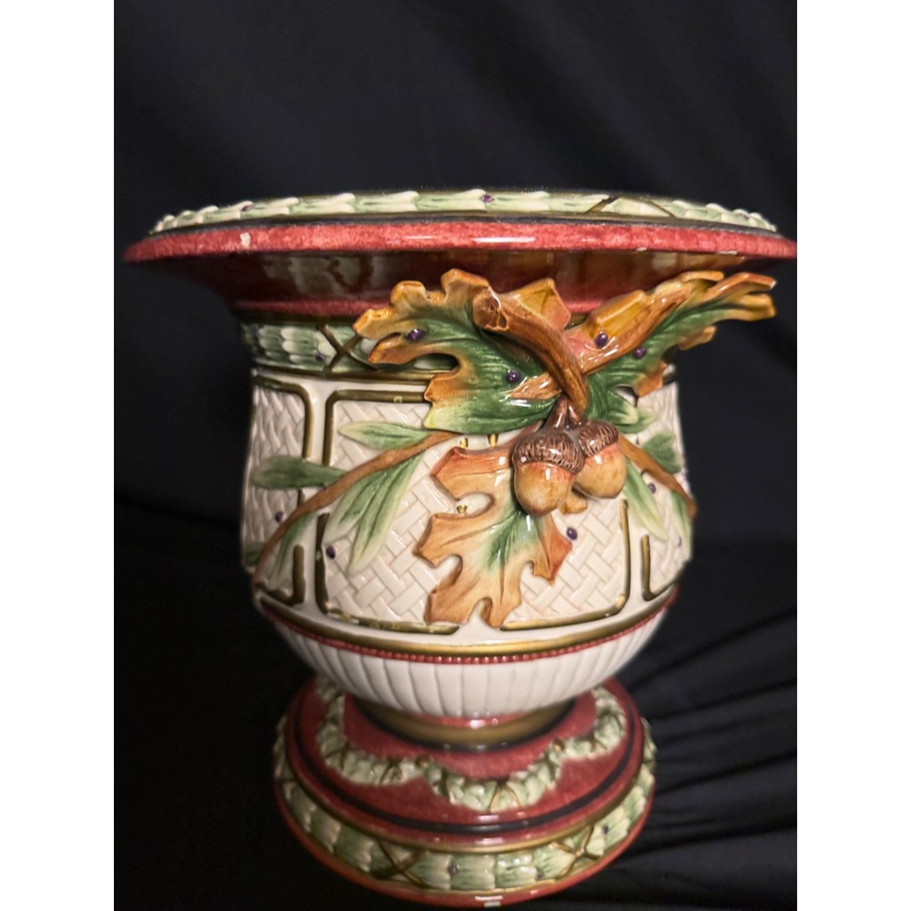 Fritz‎ & Floyd Urn Home Decor Large Cream Red Good Acorn Oak Leaf Majolica - Picture 4 of 7